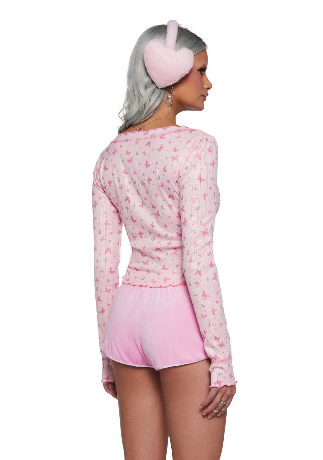 Sugar Thrillz Pointelle Butterfly Long Sleeve Crop Top - Pink - Image 4