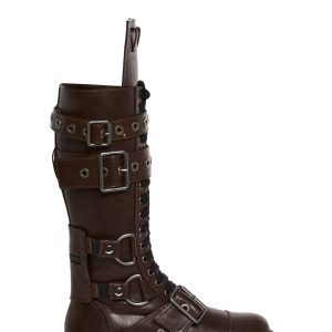 Club Exx Tactical Buckle Knee High Combat Boots - Dark Brown