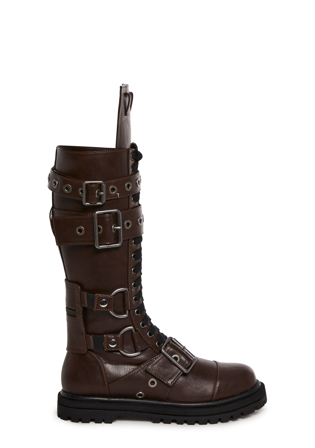 Club Exx Tactical Buckle Knee High Combat Boots - Dark Brown