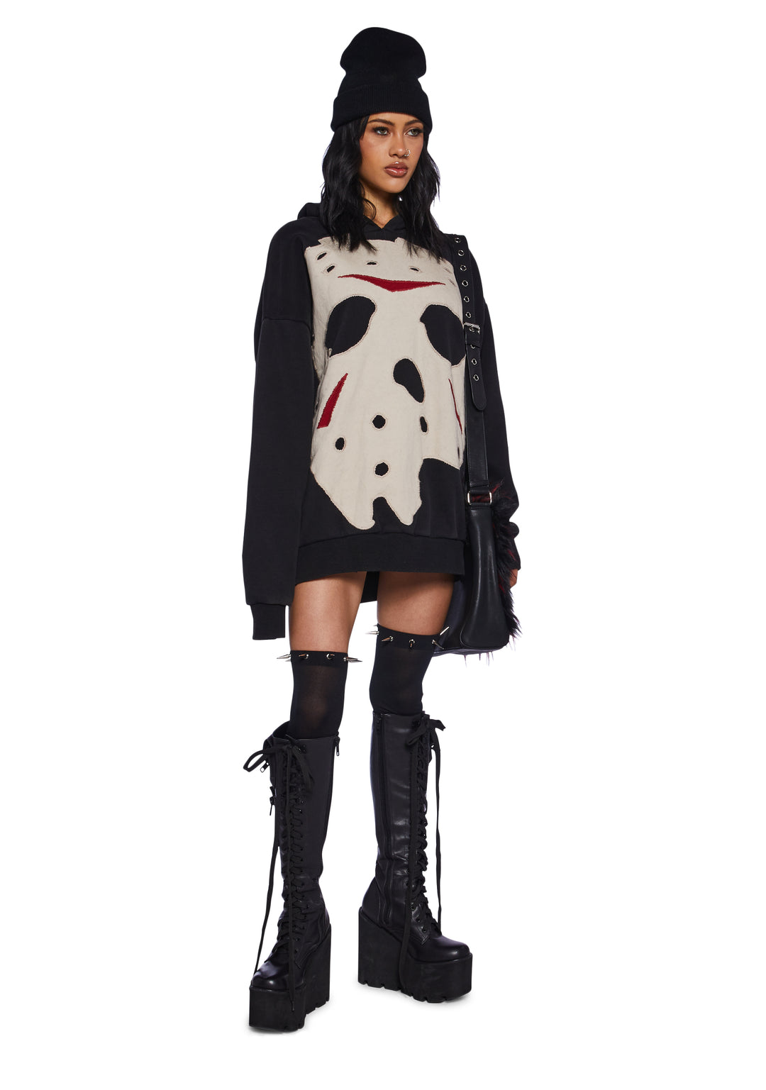 Dolls Kill x WB Horror Jason Mask Applique Oversized Hoodie - Black - Image 2