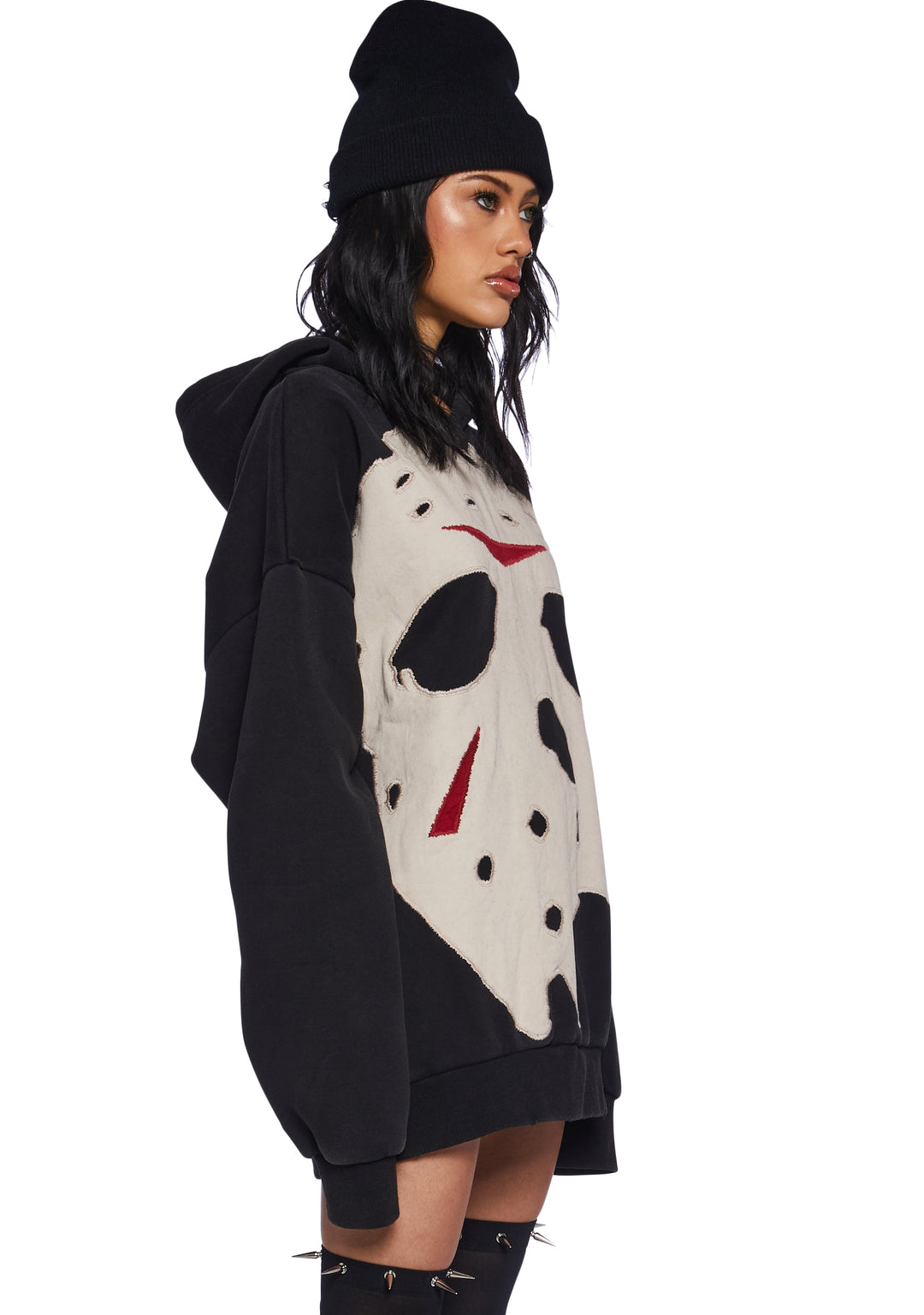 Dolls Kill x WB Horror Jason Mask Applique Oversized Hoodie - Black - Image 3