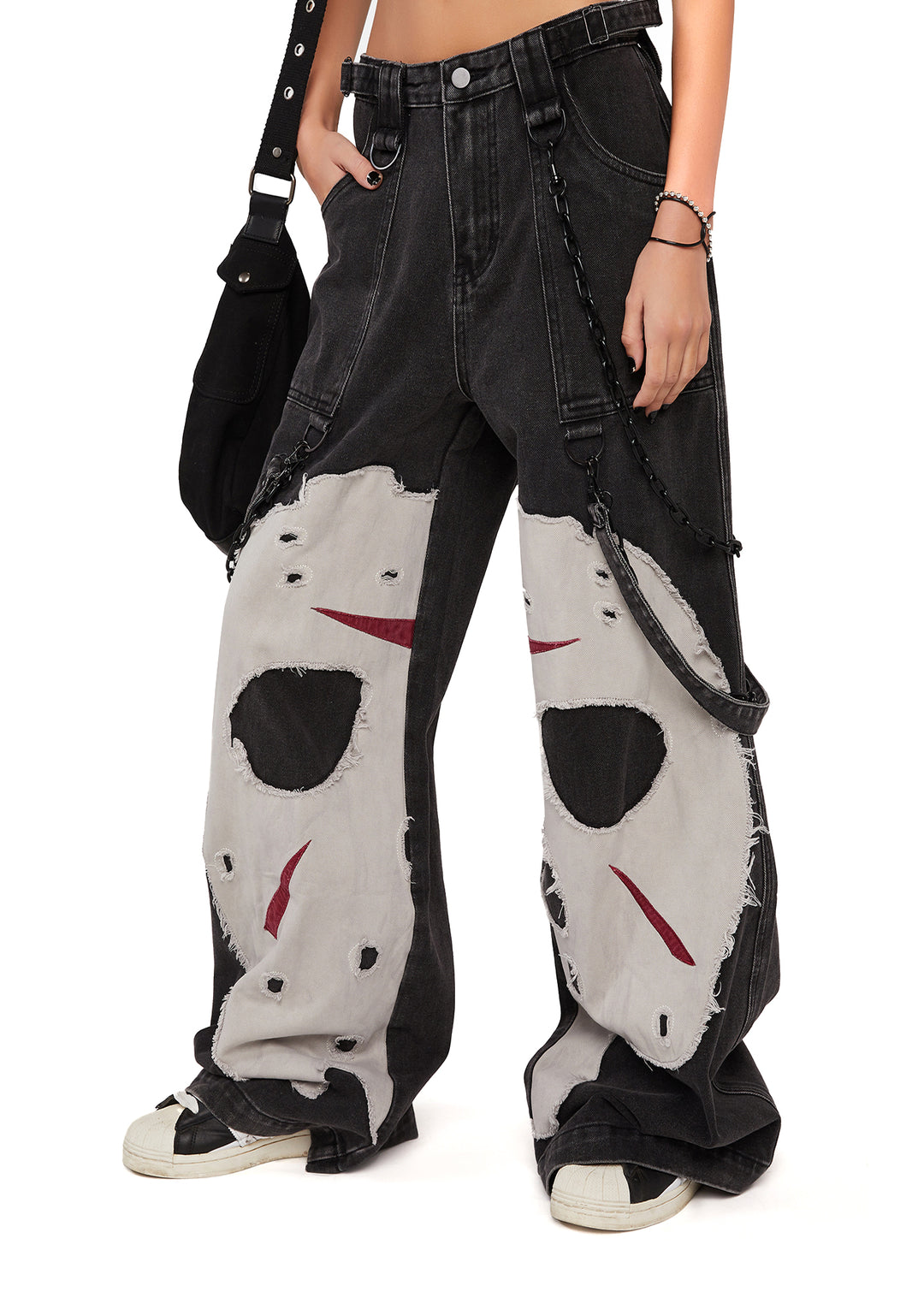 Dolls Kill x WB Horror Jason Mask Baggy Denim Jeans - Washed Black - Image 3