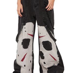 Dolls Kill x WB Horror Jason Mask Baggy Denim Jeans - Washed Black