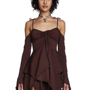 Current Mood Off The Shoulder Handkerchief Mini Dress - Brown