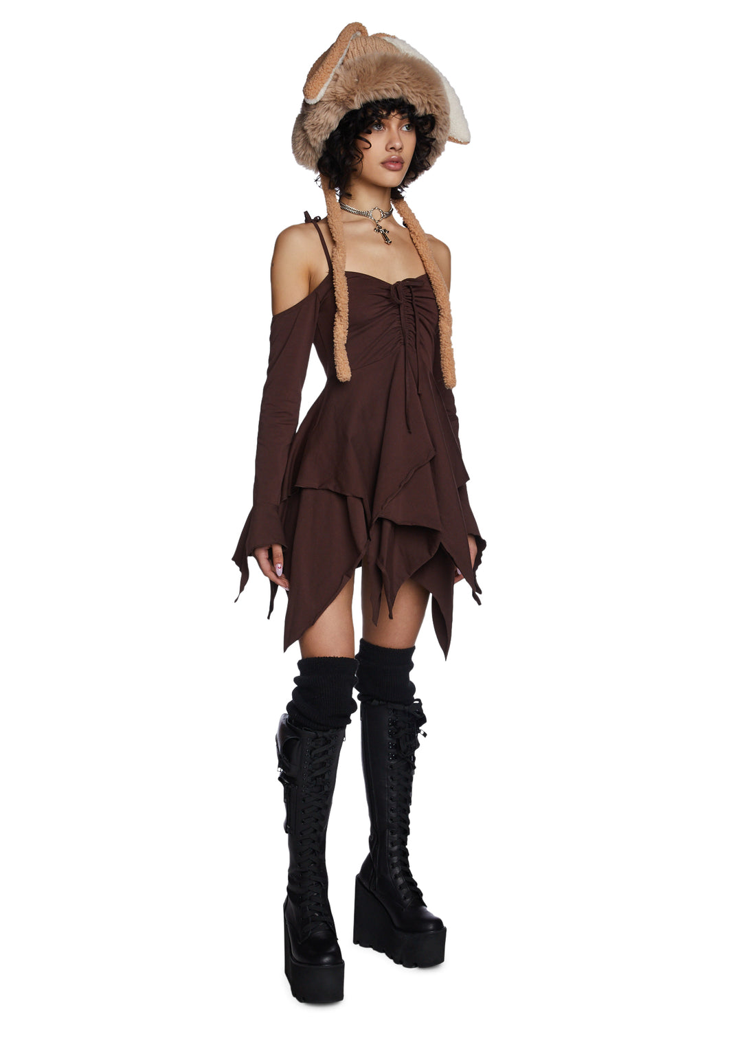 Current Mood Off The Shoulder Handkerchief Mini Dress - Brown - Image 5