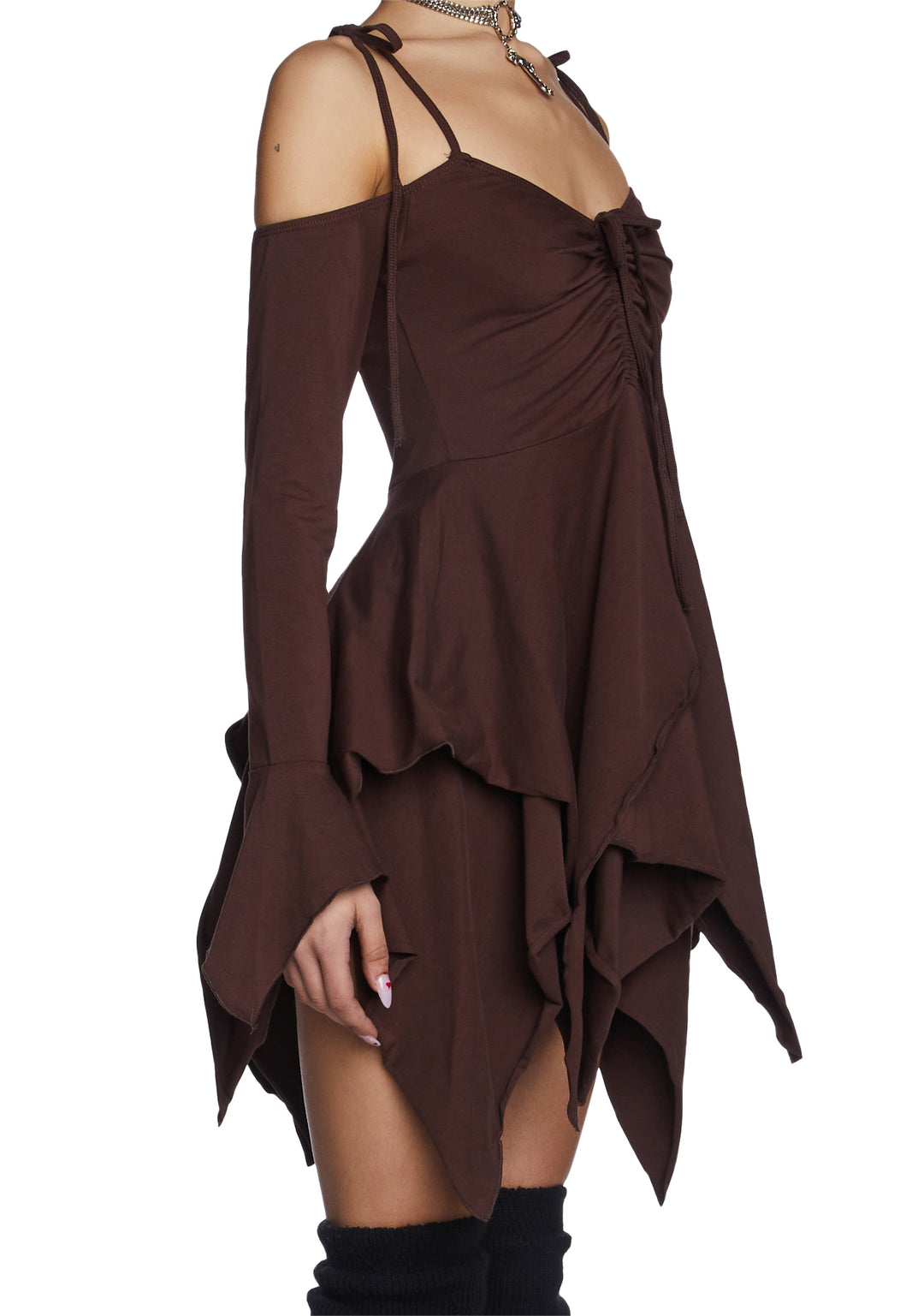 Current Mood Off The Shoulder Handkerchief Mini Dress - Brown - Image 2