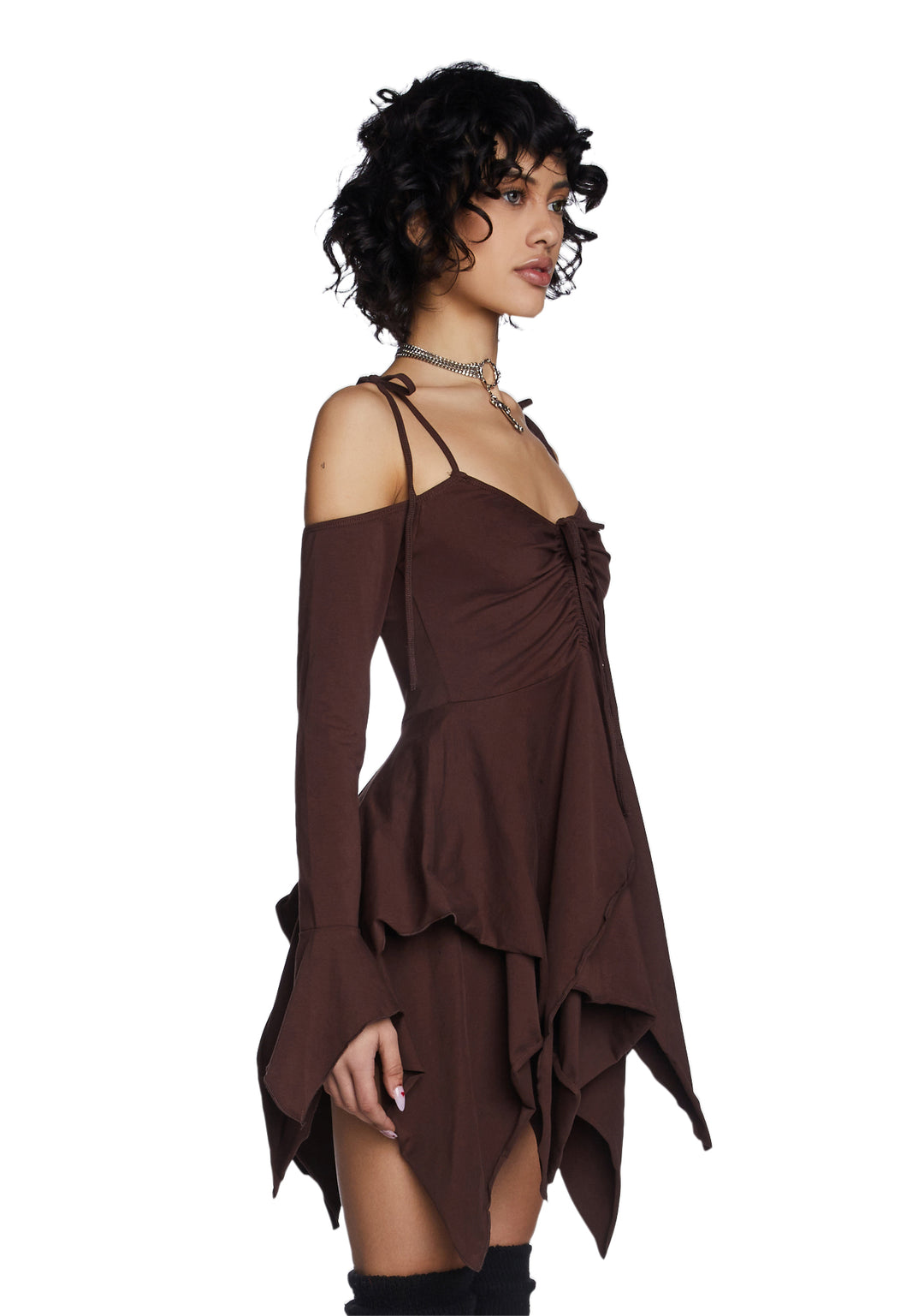 Current Mood Off The Shoulder Handkerchief Mini Dress - Brown - Image 3