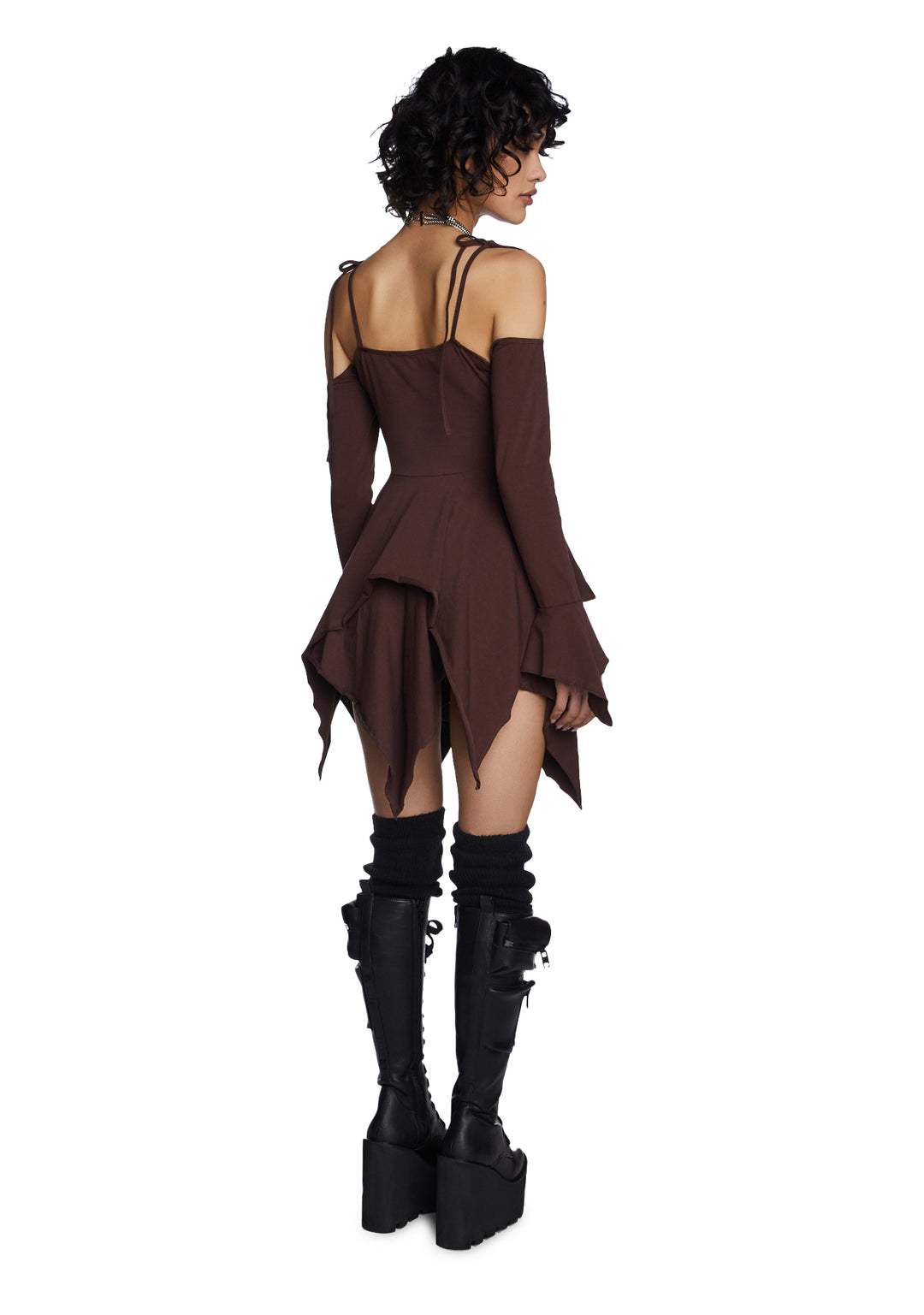Current Mood Off The Shoulder Handkerchief Mini Dress - Brown - Image 4