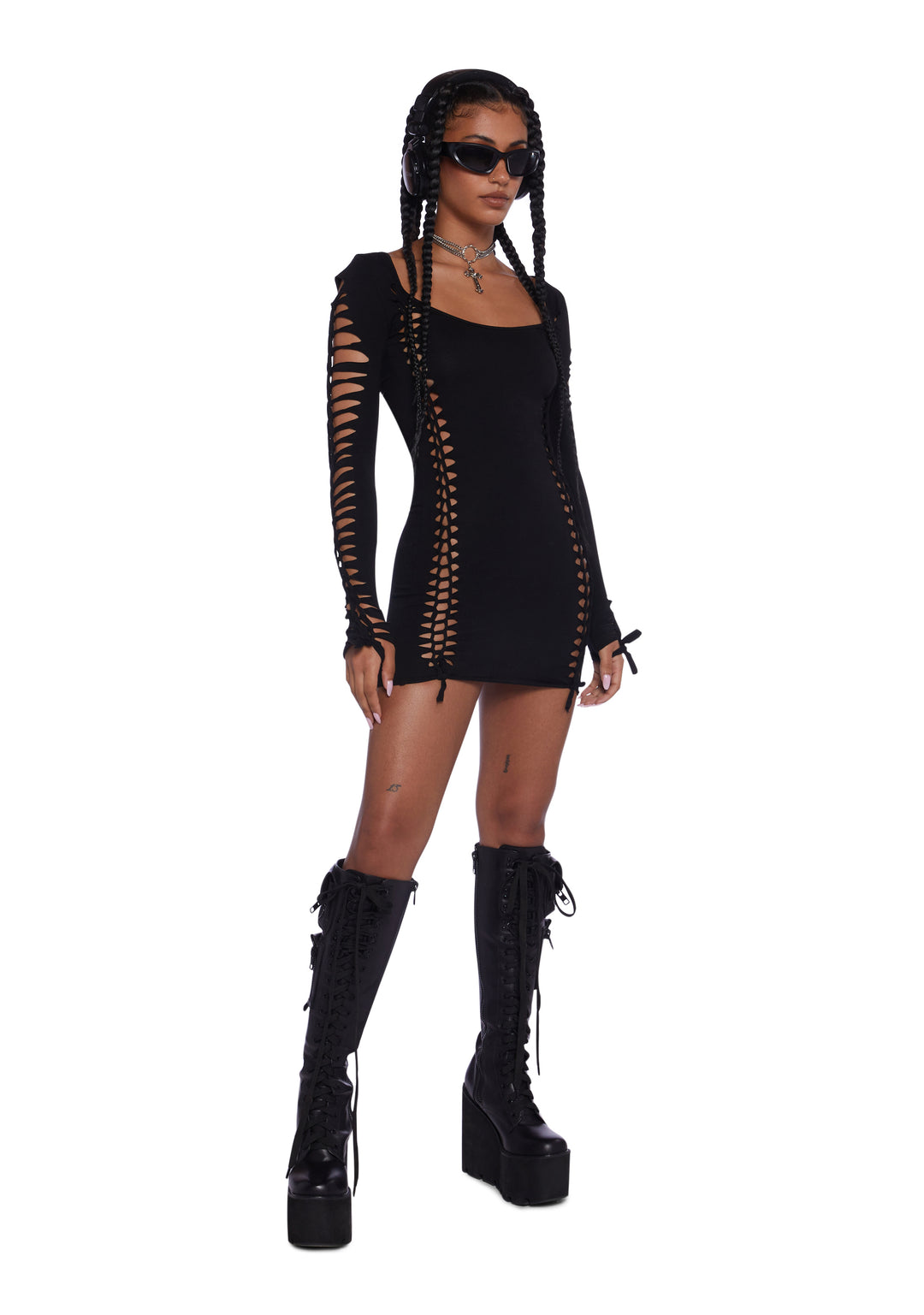 Current Mood Slashed Cut Out Long Sleeve Mini Dress - Black - Image 2