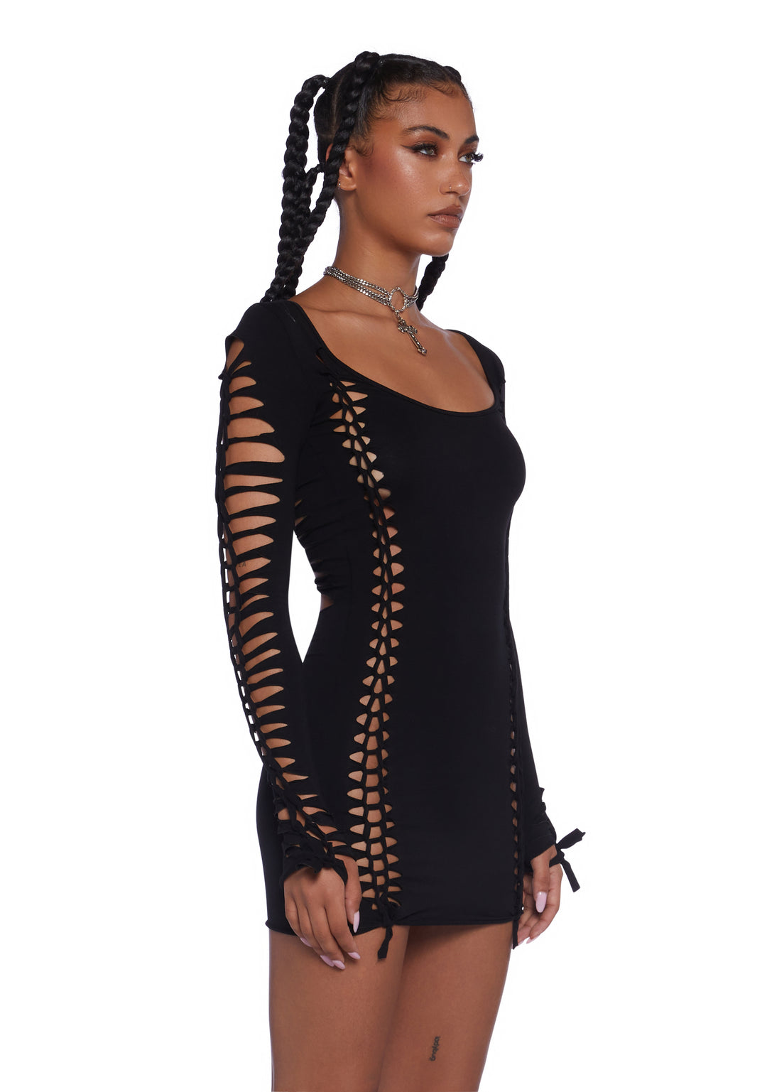 Current Mood Slashed Cut Out Long Sleeve Mini Dress - Black - Image 3