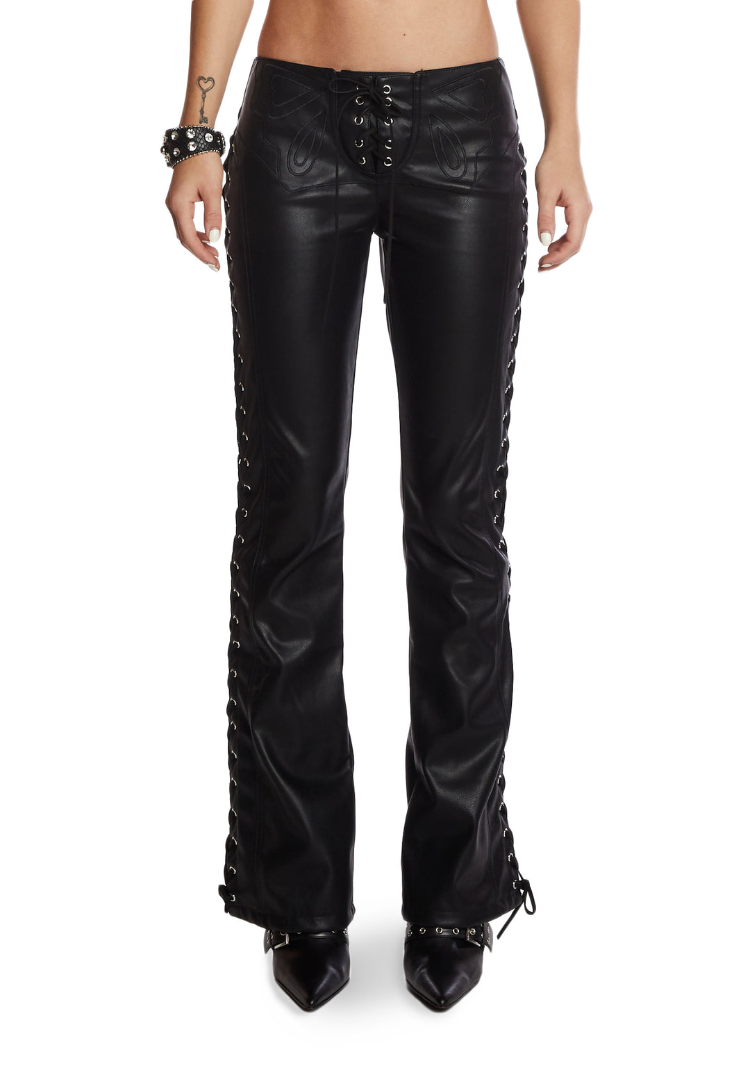 Generation Kiss Butterfly Lace Up Low Rise Vegan Leather Pants - Black