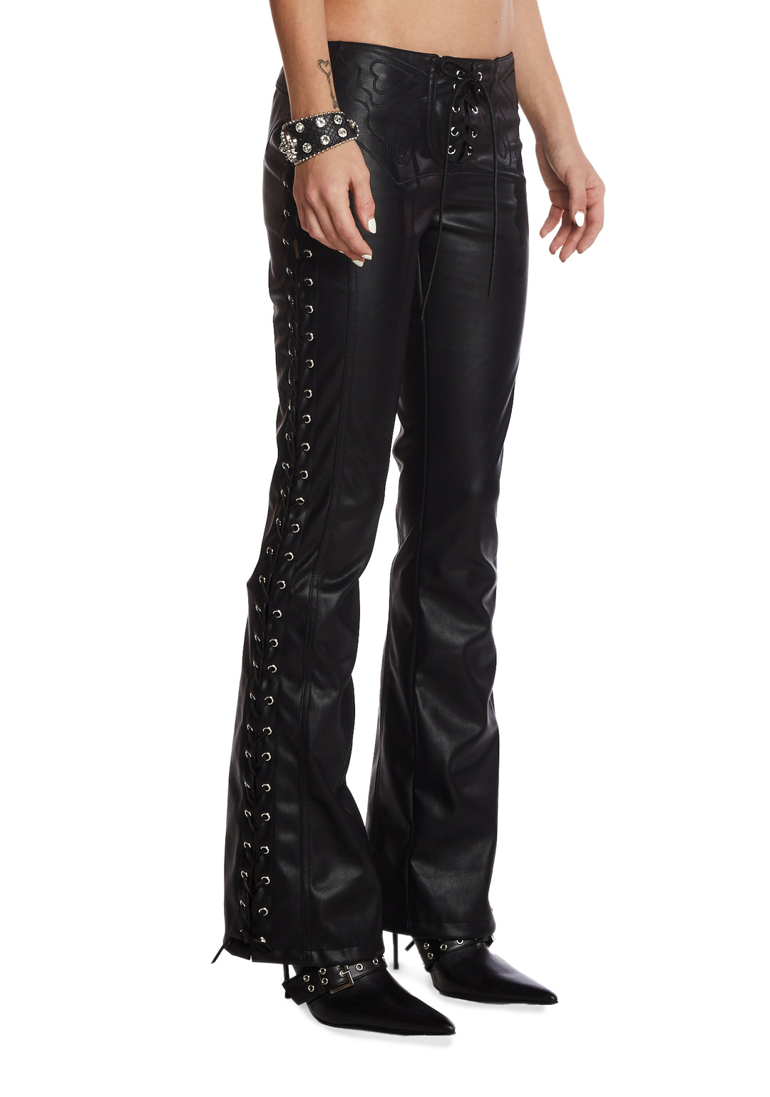 Generation Kiss Butterfly Lace Up Low Rise Vegan Leather Pants - Black - Image 3