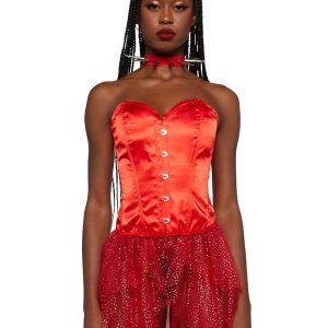 Trickz N Treatz Strapless Hook Eye Corset Top - Red Satin