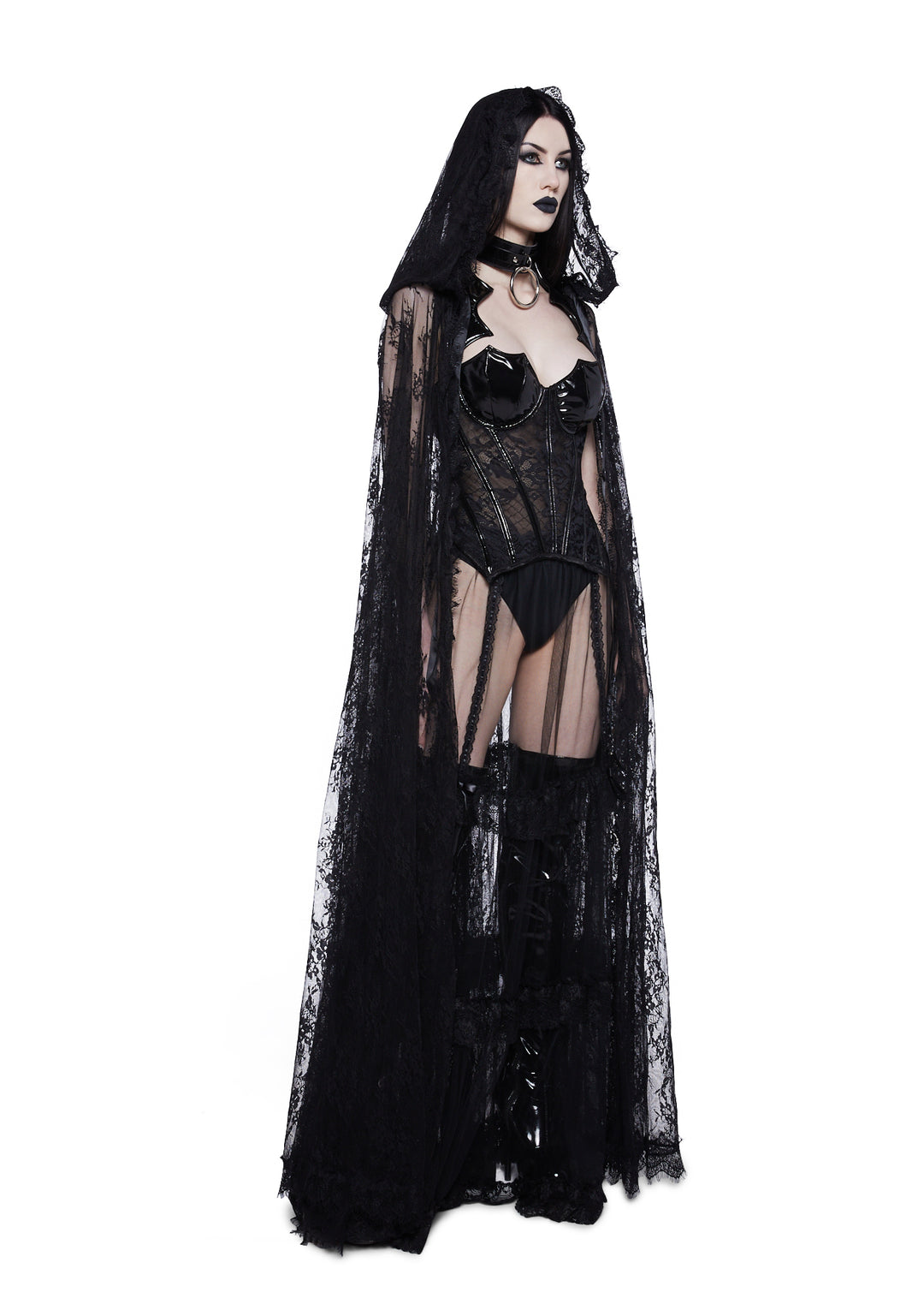 Sexy Womans Halloween Costume Patent Sheer Vampire Bat Corset - Black - Image 6
