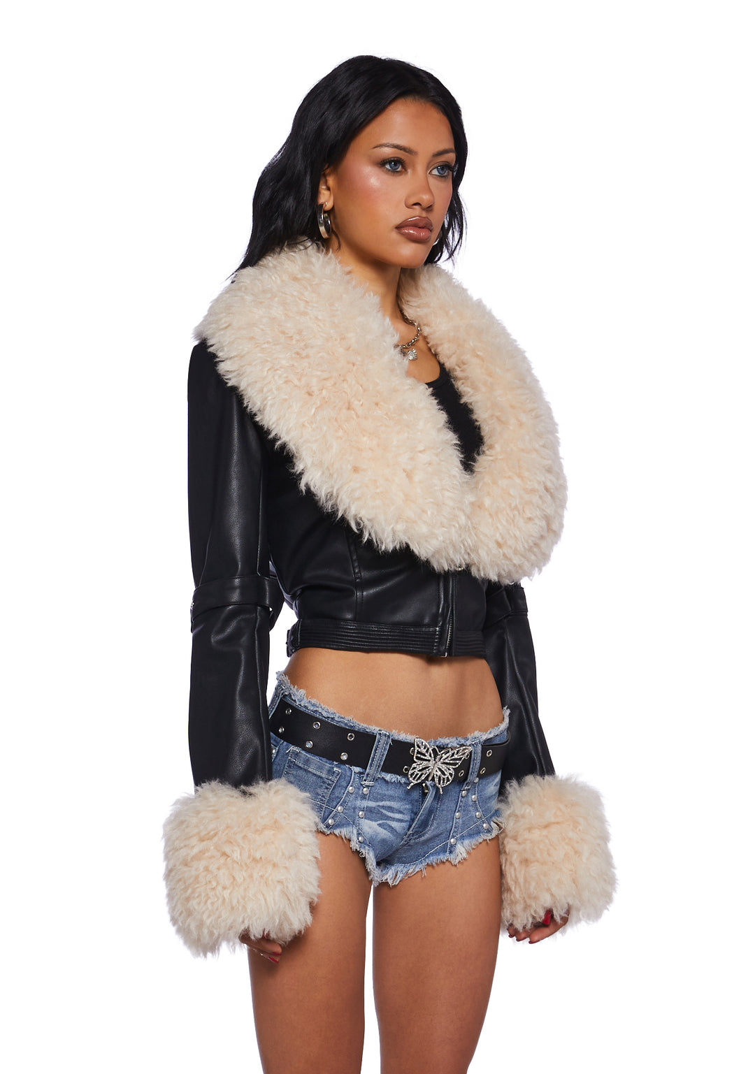Generation Kiss Faux Fur Trim Vegan Leather Buckle Crop Jacket - Black - Image 3