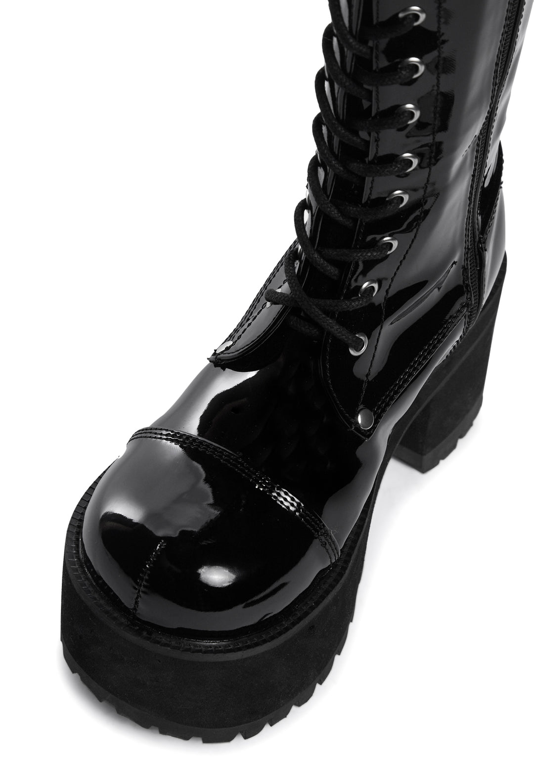 Demonia x Dolls Kill Patent Knee High Lace Up Platform Boots - Black - Image 2