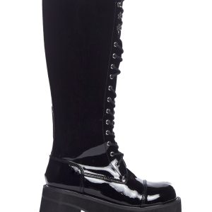 Demonia x Dolls Kill Patent Knee High Lace Up Platform Boots - Black