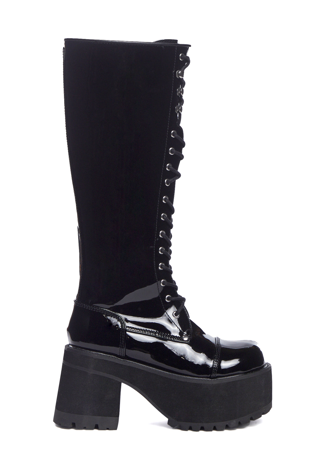 Demonia x Dolls Kill Patent Knee High Lace Up Platform Boots - Black