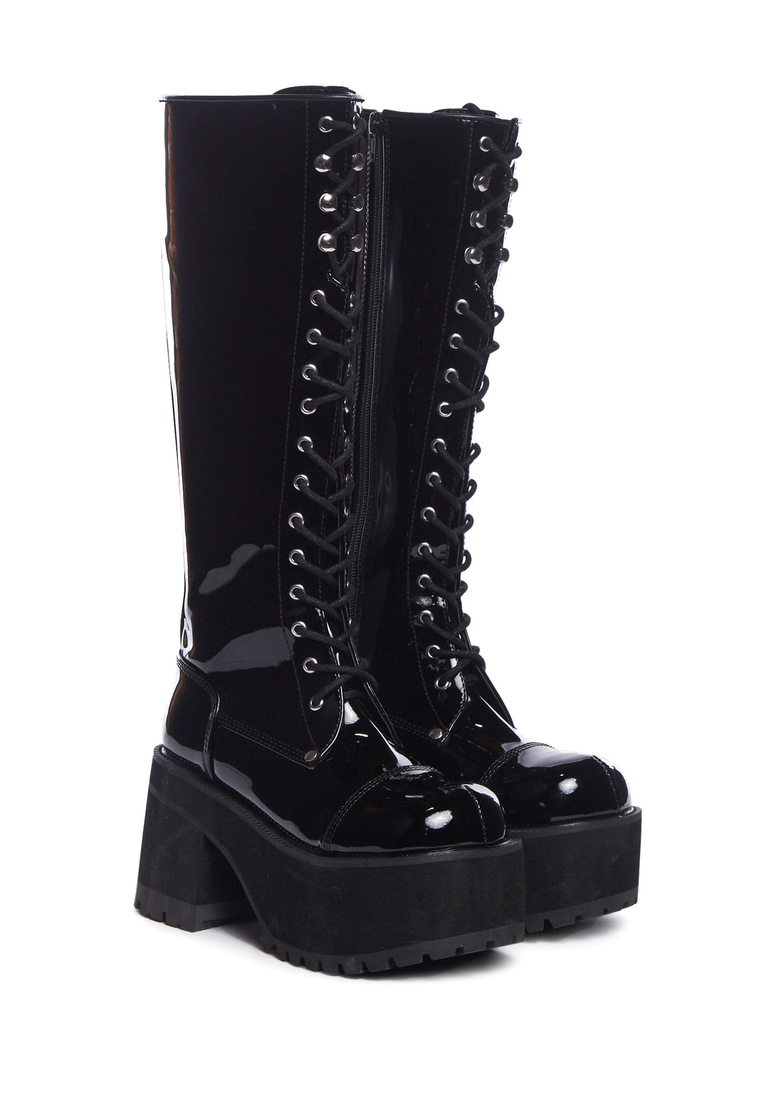 Demonia x Dolls Kill Patent Knee High Lace Up Platform Boots - Black - Image 4