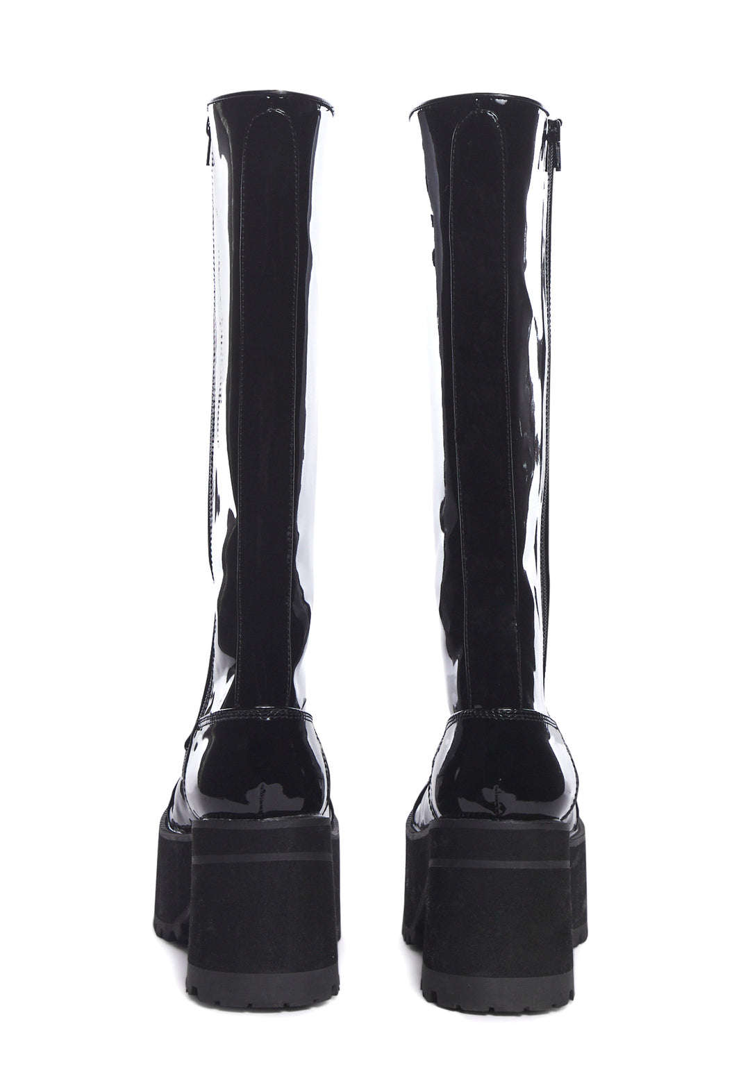 Demonia x Dolls Kill Patent Knee High Lace Up Platform Boots - Black - Image 5