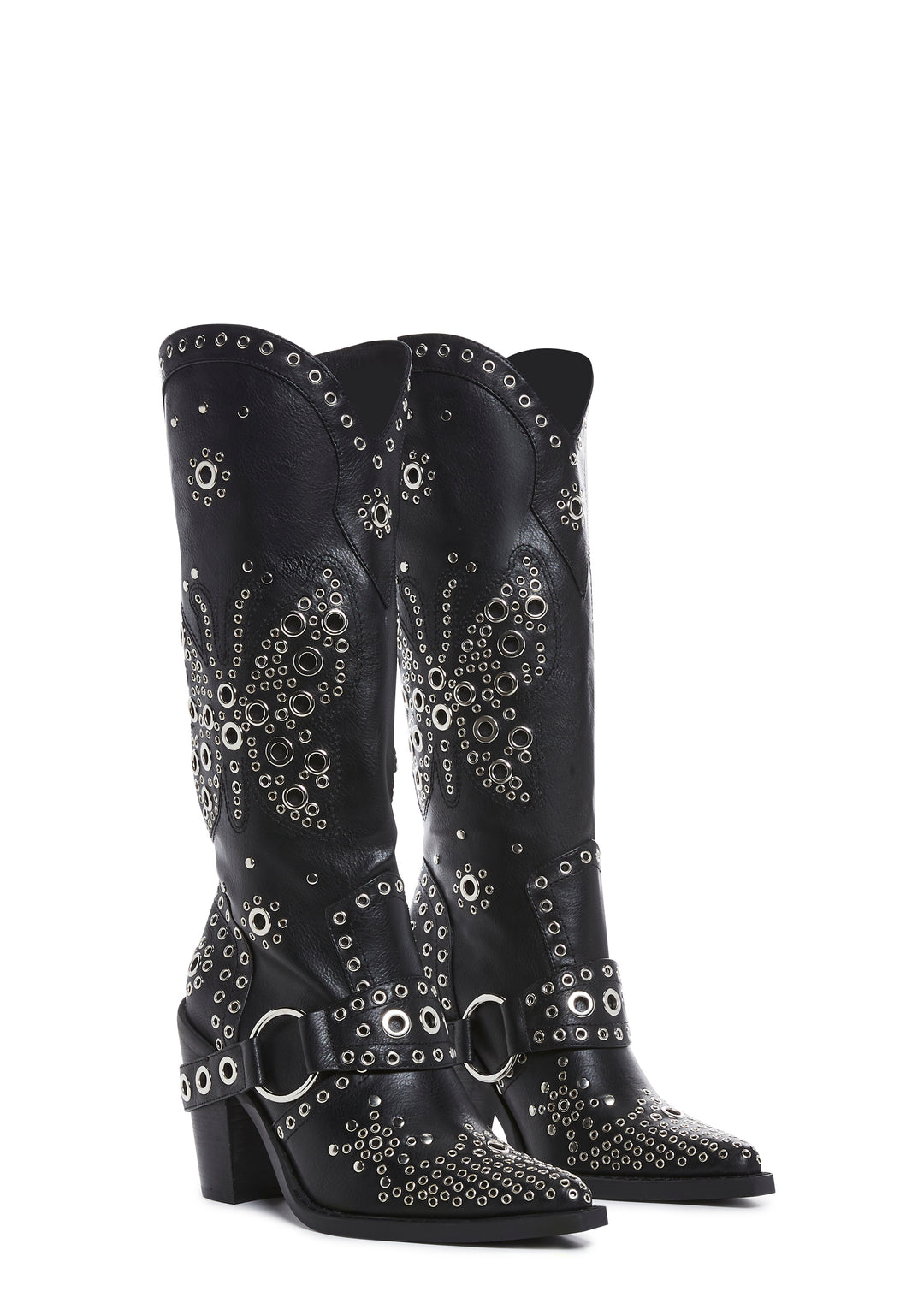 Current Mood Vegan Leather Butterfly Grommet Cowboy Boots - Black - Image 3