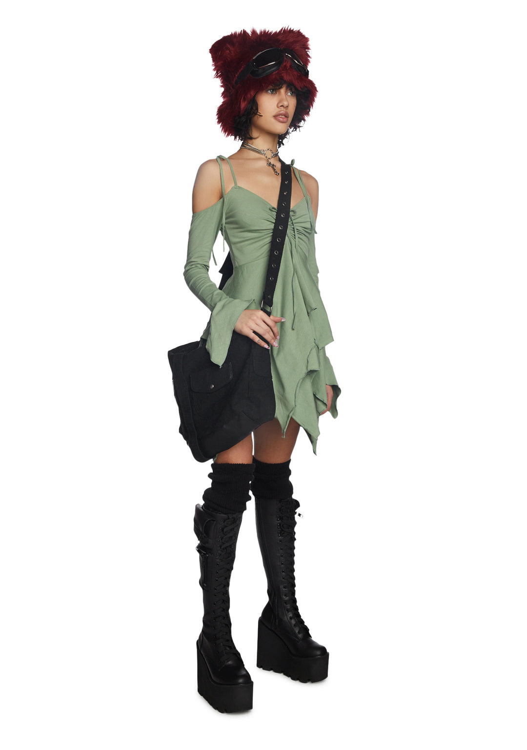 Current Mood Off The Shoulder Handkerchief Mini Dress - Green - Image 2