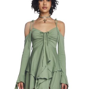 Current Mood Off The Shoulder Handkerchief Mini Dress - Green