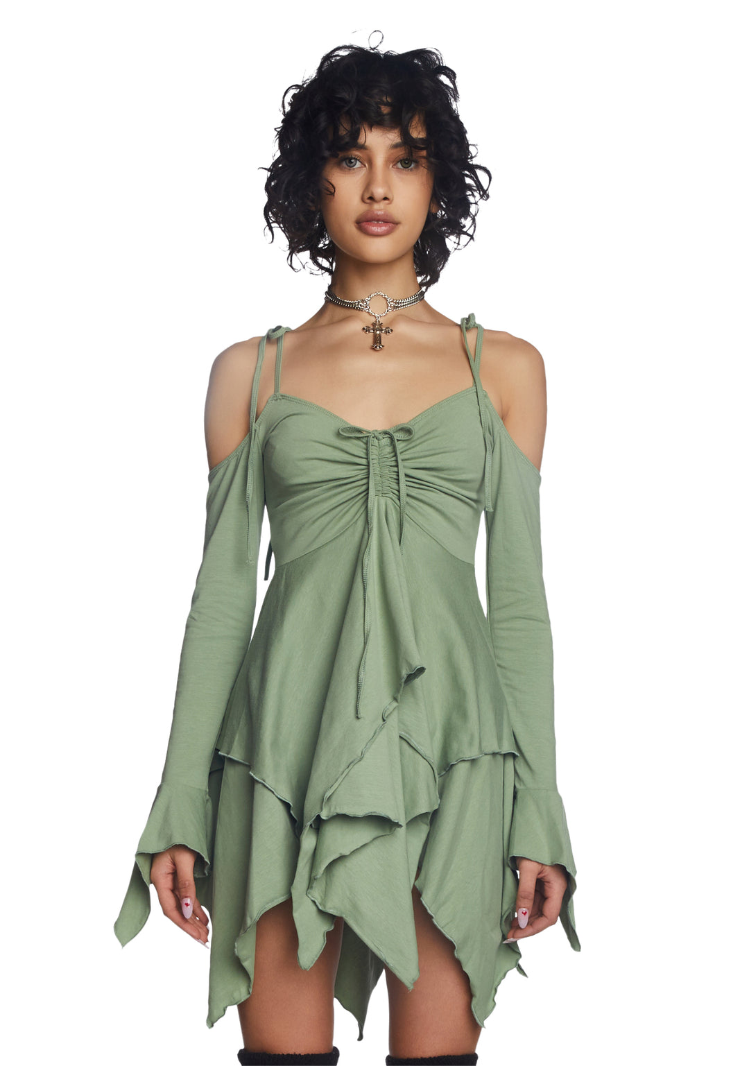 Current Mood Off The Shoulder Handkerchief Mini Dress - Green