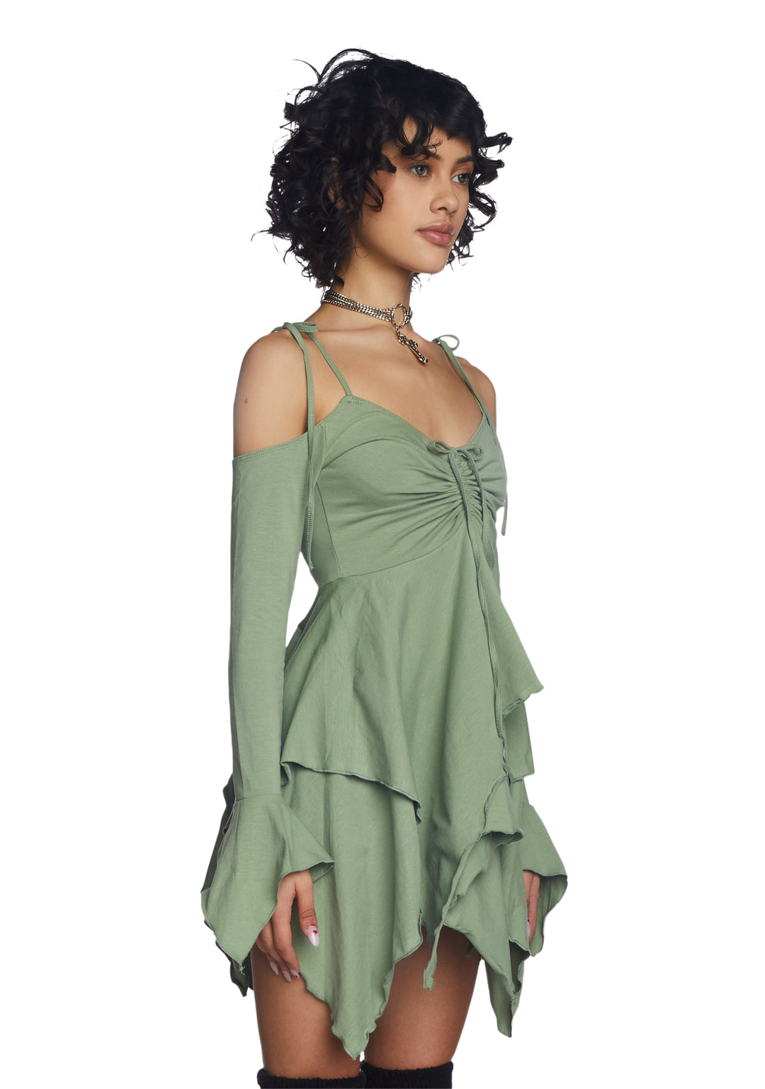 Current Mood Off The Shoulder Handkerchief Mini Dress - Green - Image 3