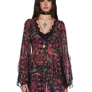 Current Mood Floral Mushroom Chiffon Sheer Mini Dress