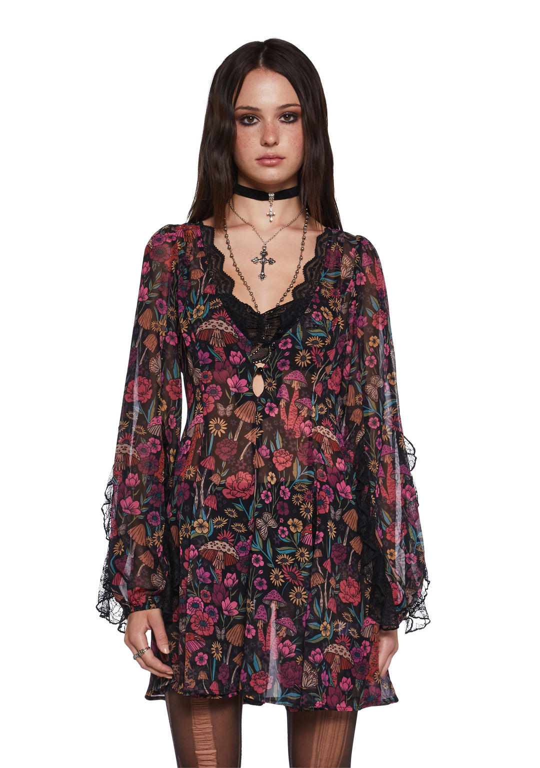 Current Mood Floral Mushroom Chiffon Sheer Mini Dress