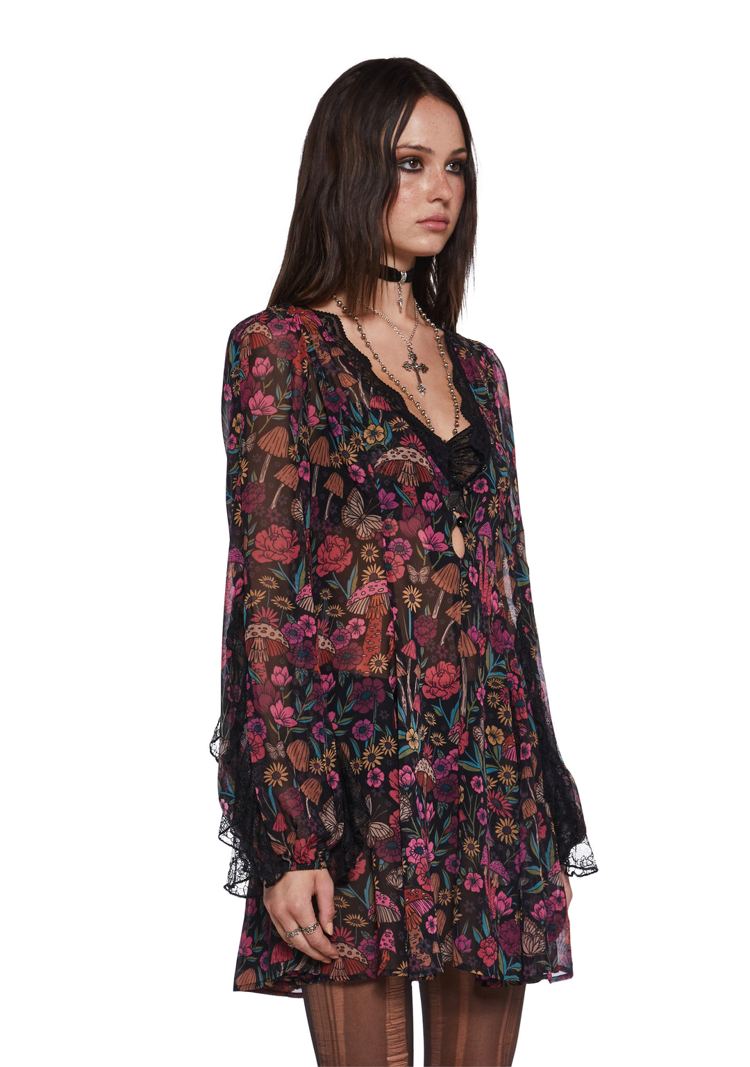 Current Mood Floral Mushroom Chiffon Sheer Mini Dress - Image 3
