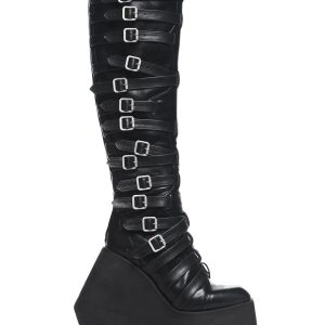 Darker Wavs Strappy Buckle Wedge Platform Knee High Boots - Black