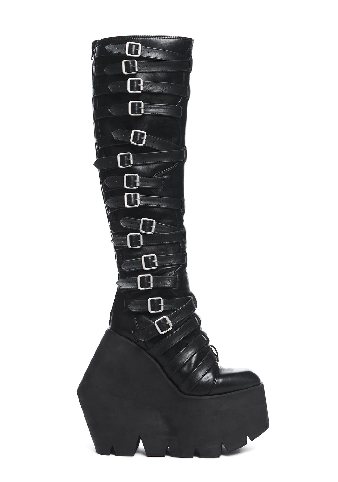 Darker Wavs Strappy Buckle Wedge Platform Knee High Boots - Black