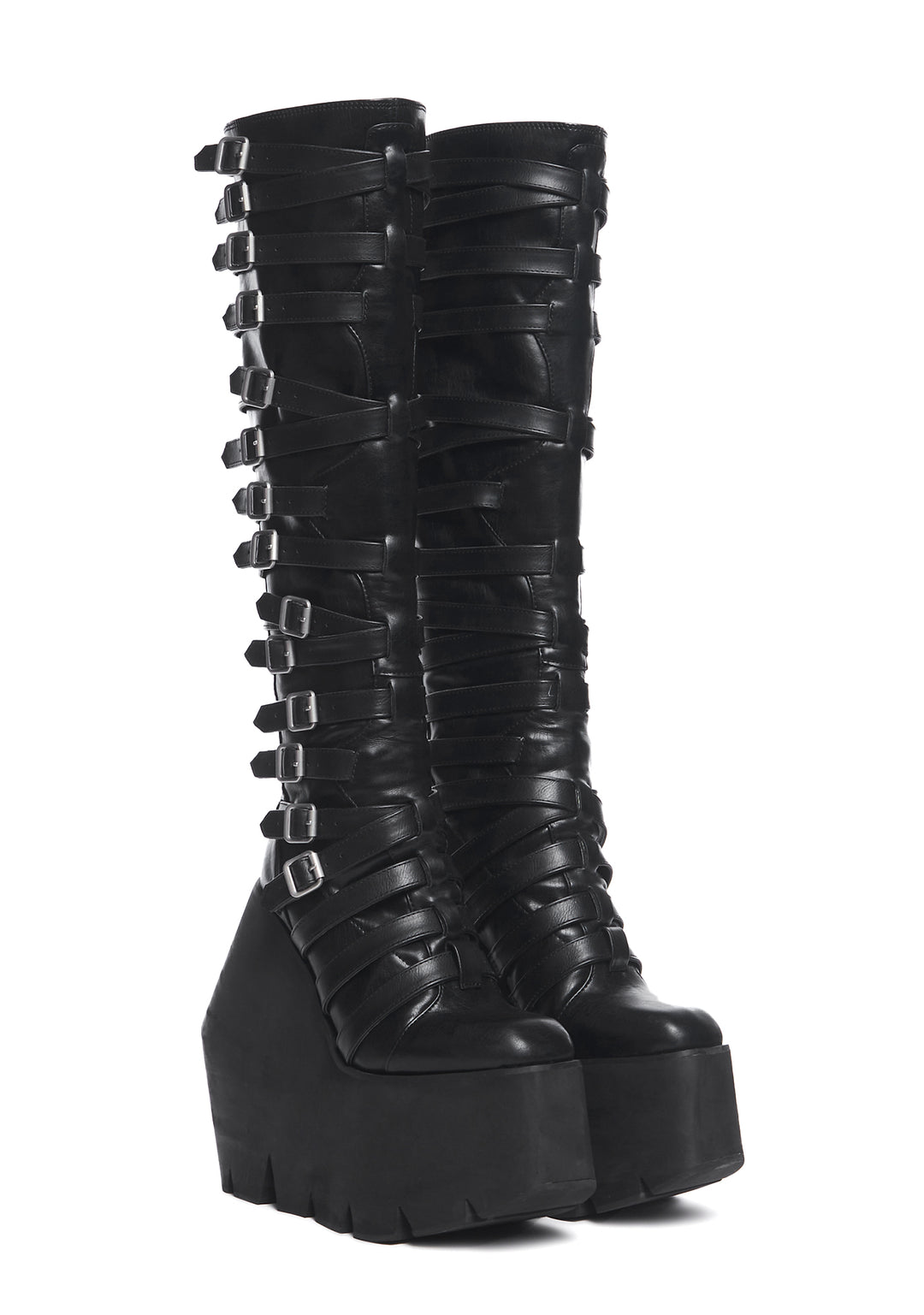 Darker Wavs Strappy Buckle Wedge Platform Knee High Boots - Black - Image 3