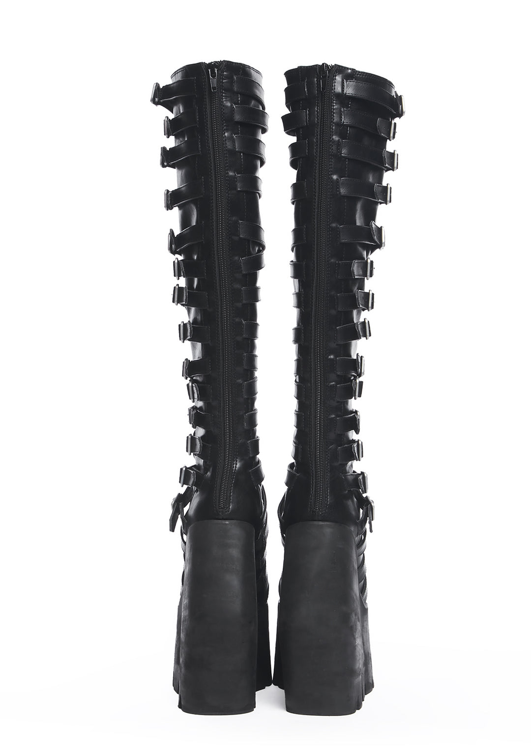 Darker Wavs Strappy Buckle Wedge Platform Knee High Boots - Black - Image 4