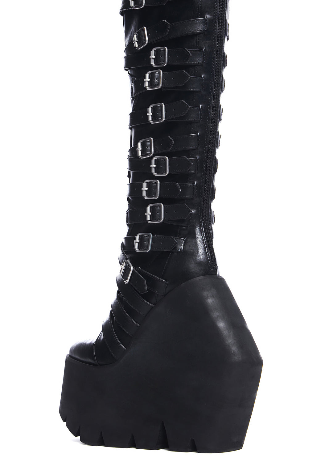 Darker Wavs Strappy Buckle Wedge Platform Knee High Boots - Black - Image 2