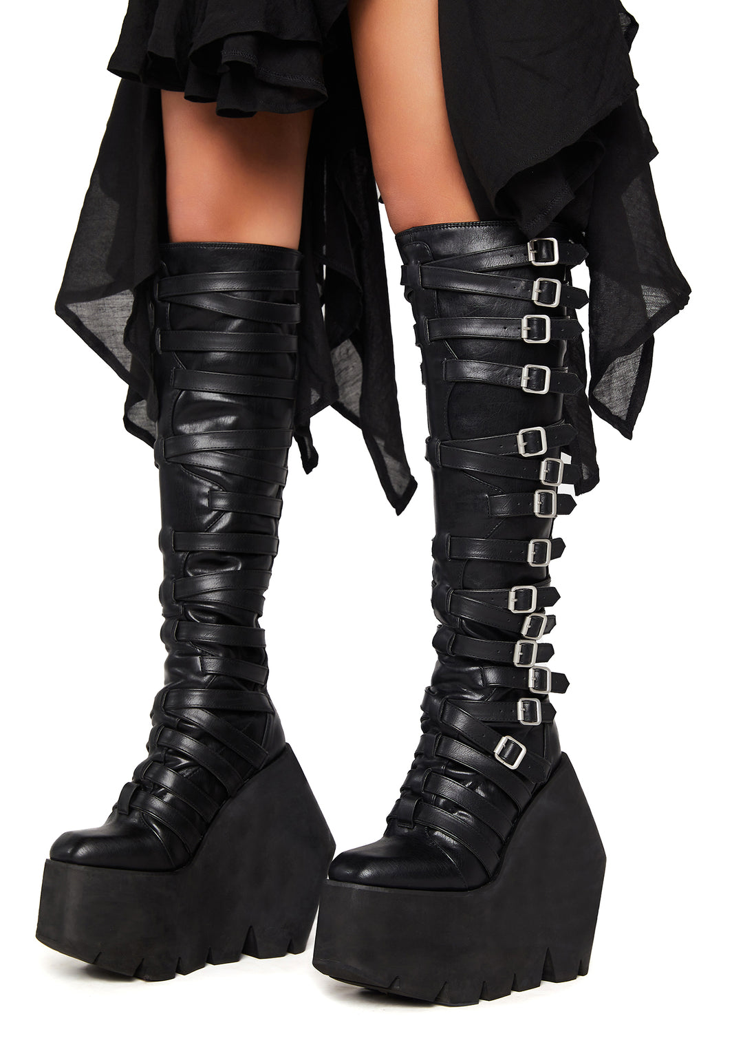 Darker Wavs Strappy Buckle Wedge Platform Knee High Boots - Black - Image 5