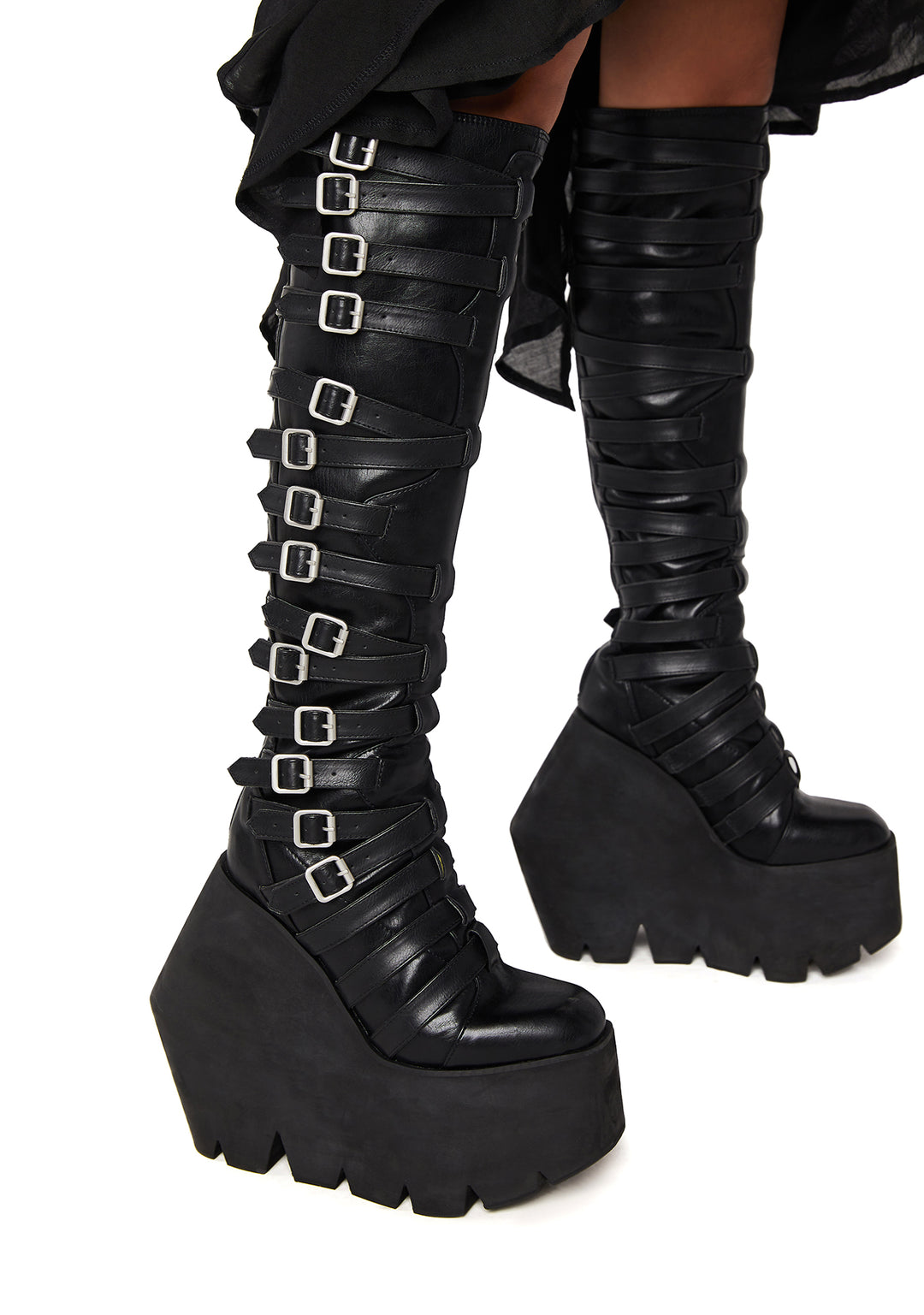 Darker Wavs Strappy Buckle Wedge Platform Knee High Boots - Black - Image 6