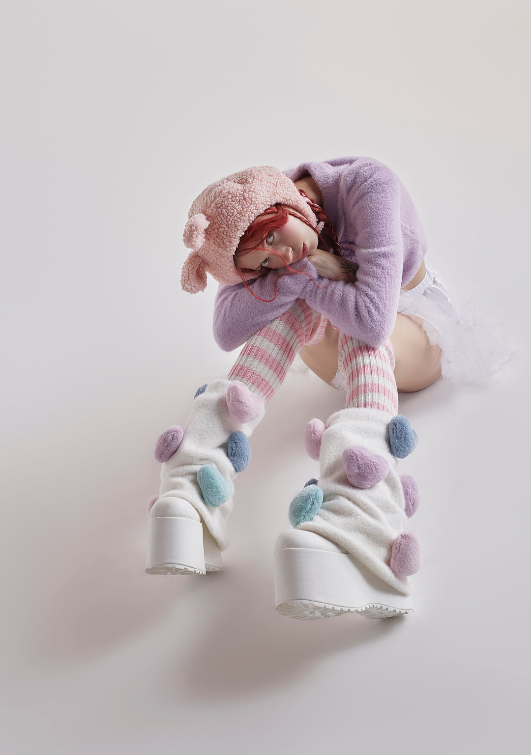 Sugar Thrillz Leg Warmer Plush Heart Platform Boots - White/Multi - Image 8