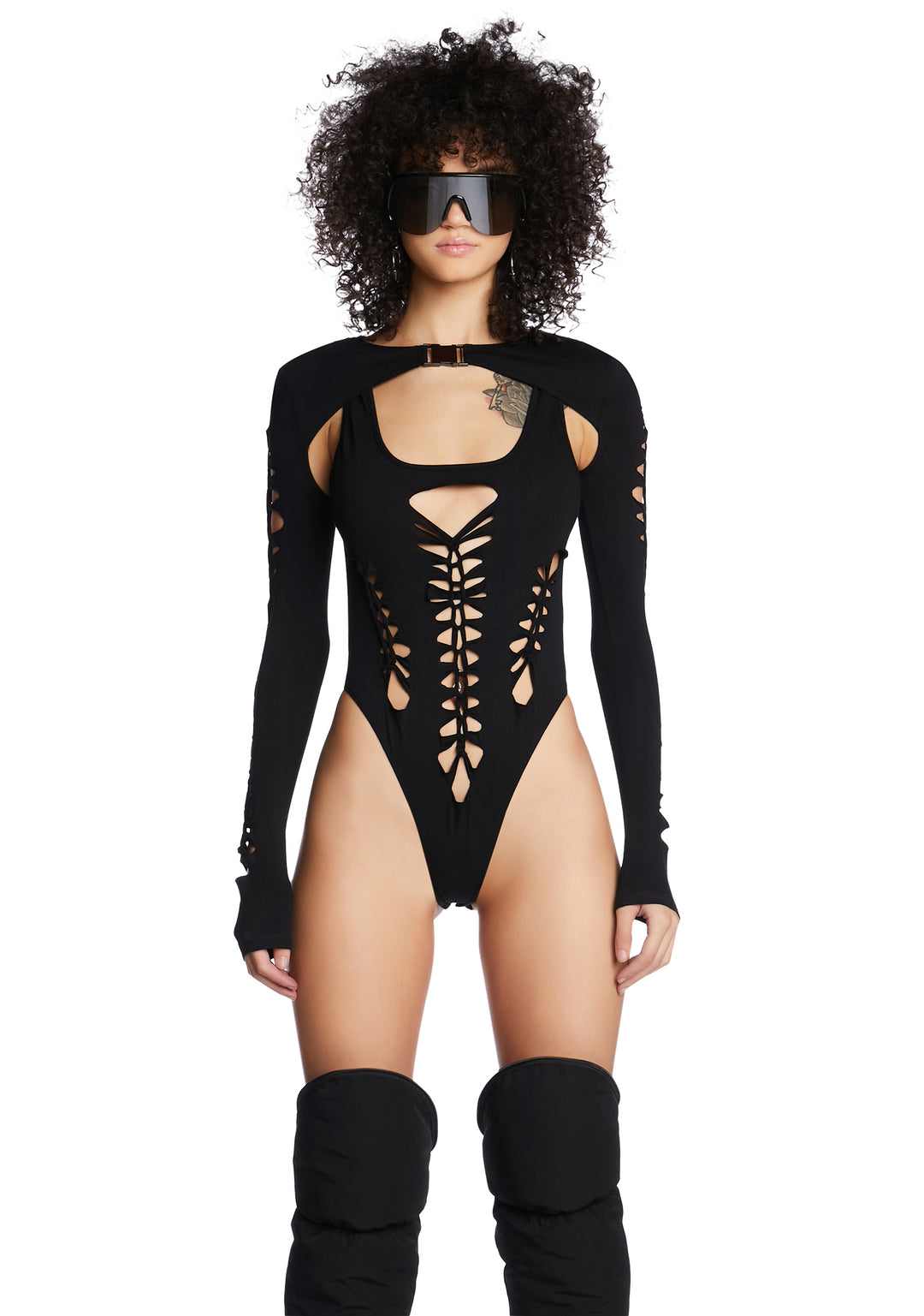 Poster Grl Braid Cutout Bodysuit And Shrug - Black