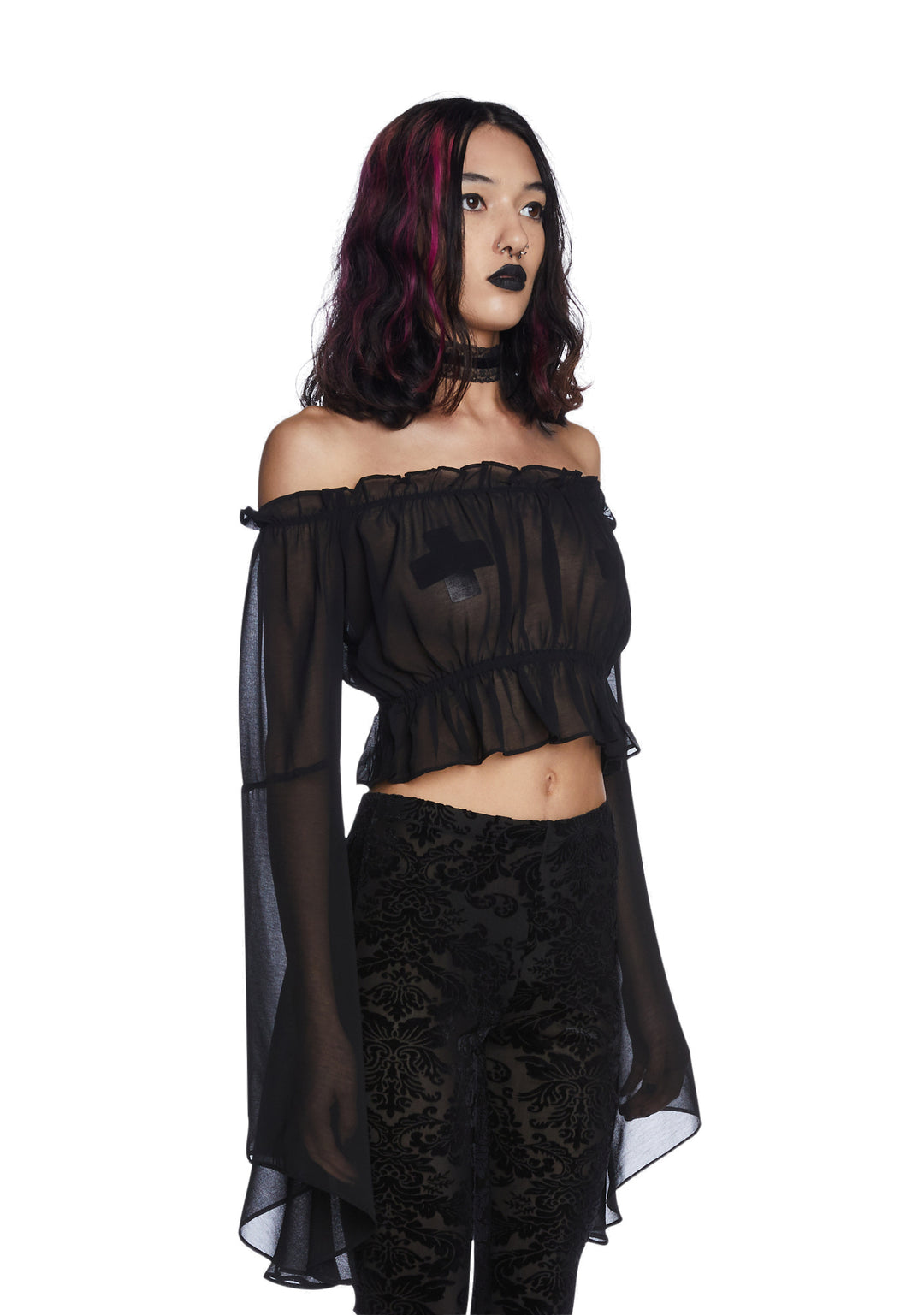 Widow Sheer Bell Sleeve Crop Top - Black - Image 3