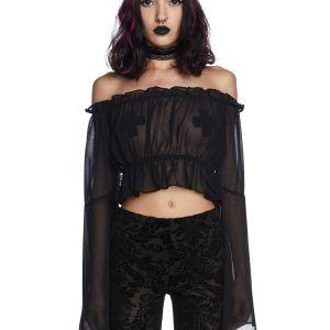 Widow Sheer Bell Sleeve Crop Top - Black
