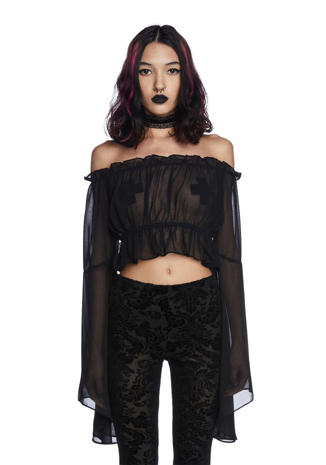 Widow Sheer Bell Sleeve Crop Top - Black