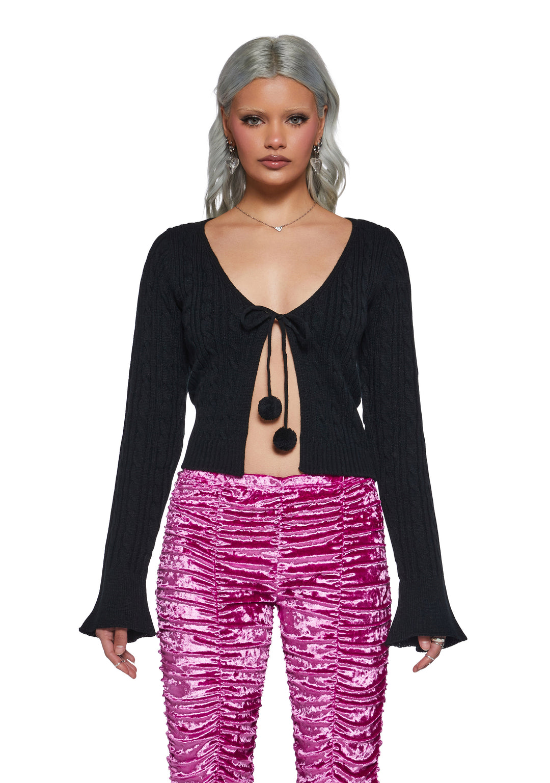 Sugar Thrillz Cable Knit Open Front Cardigan - Black