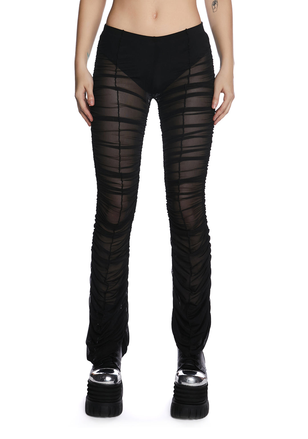 Current Mood Low Rise Ruched Mesh Pants - Black