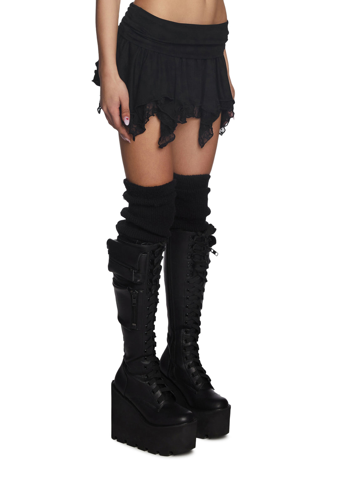 Current Mood Lace Trim Micro Mini Handkerchief Skirt - Black - Image 3