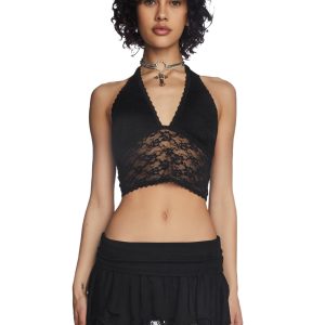Current Mood Lace Halter Crop Top - Black