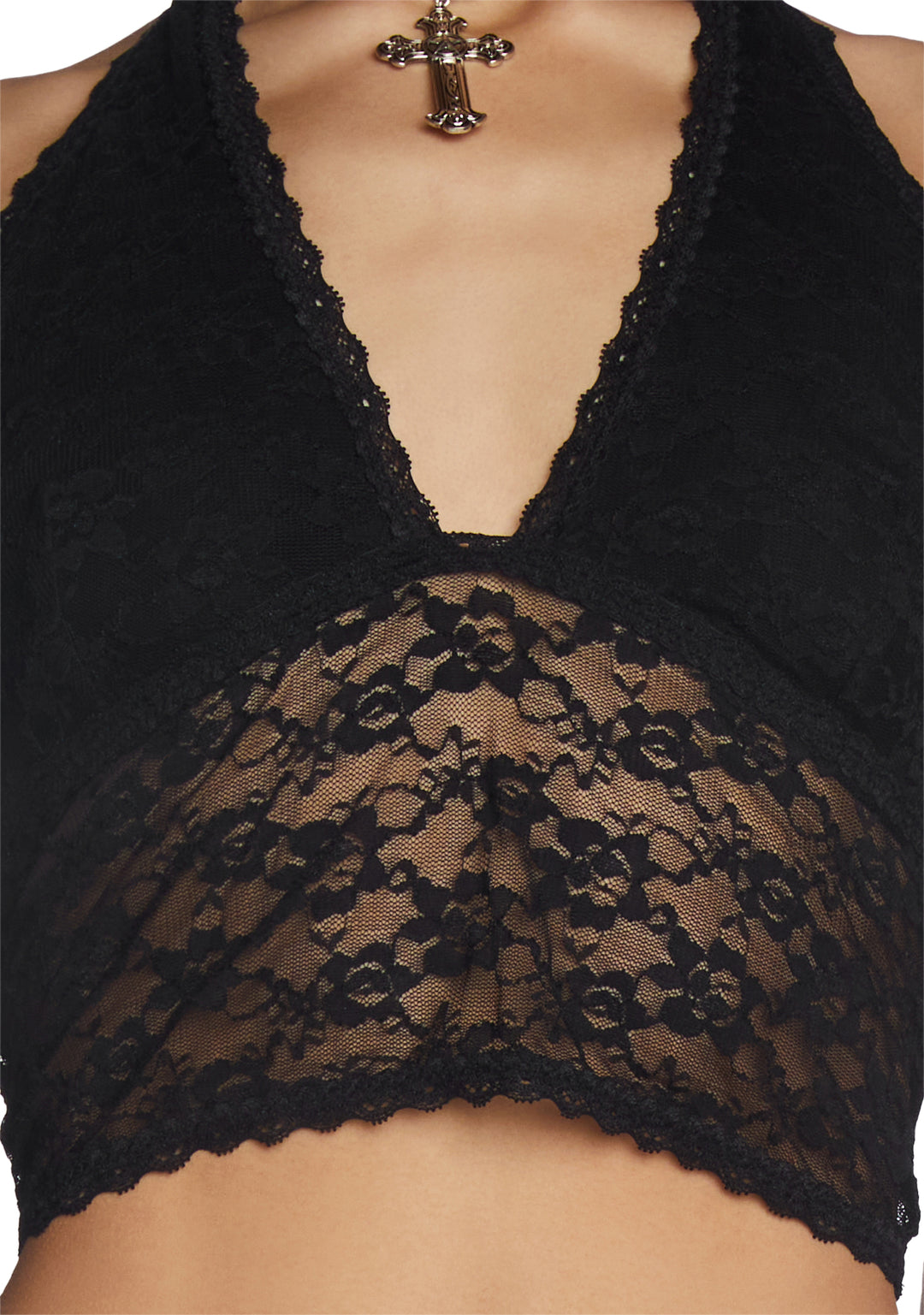 Current Mood Lace Halter Crop Top - Black - Image 5