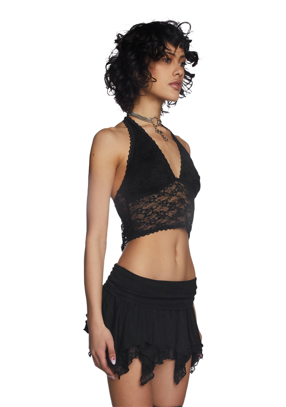 Current Mood Lace Halter Crop Top - Black - Image 3